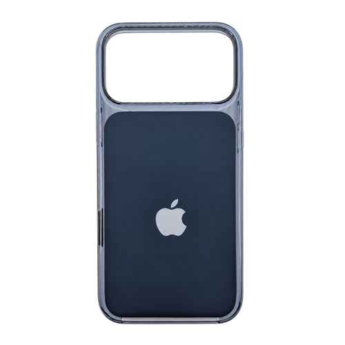 A dark navy blue phone 18 case with a clear bumper frame, shown on the back of an iPhone. The Apple logo is visible in the center, and the case has a transparent camera cutout at the top.