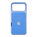 A clear protective iphone 18 case with a vibrant blue magnetic card holder back panel and blue camera bumper, shown on a white background with an Apple logo visible through the case.