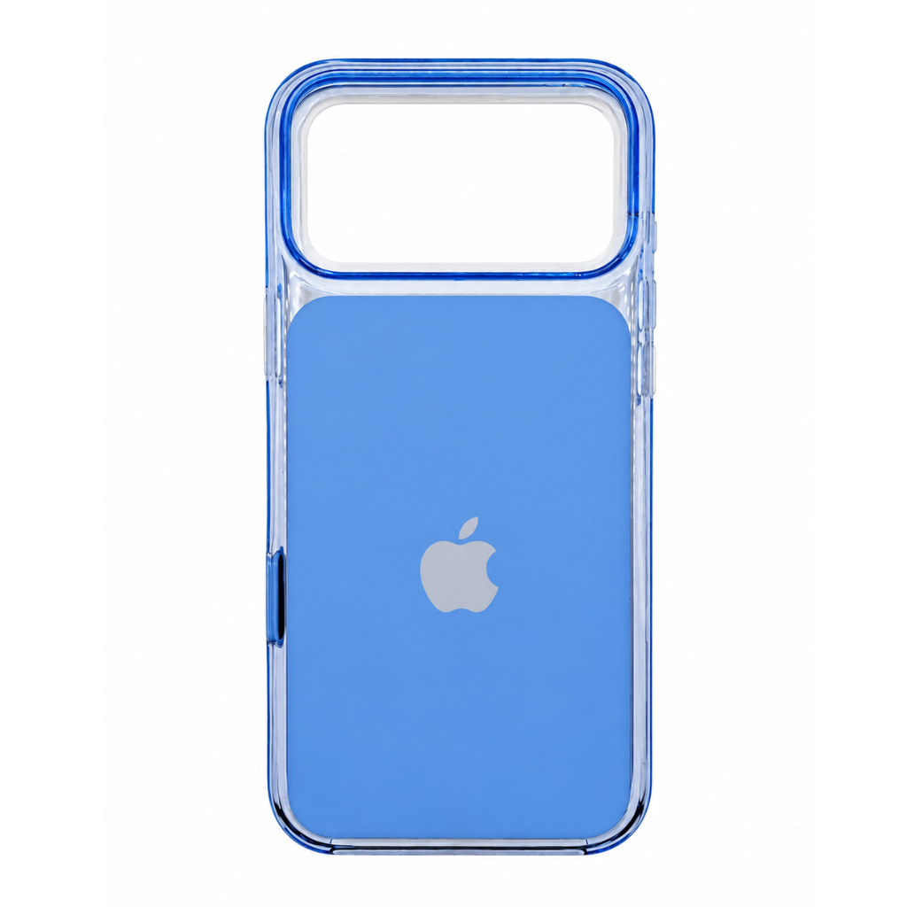 A clear protective iphone 18 case with a vibrant blue magnetic card holder back panel and blue camera bumper, shown on a white background with an Apple logo visible through the case.