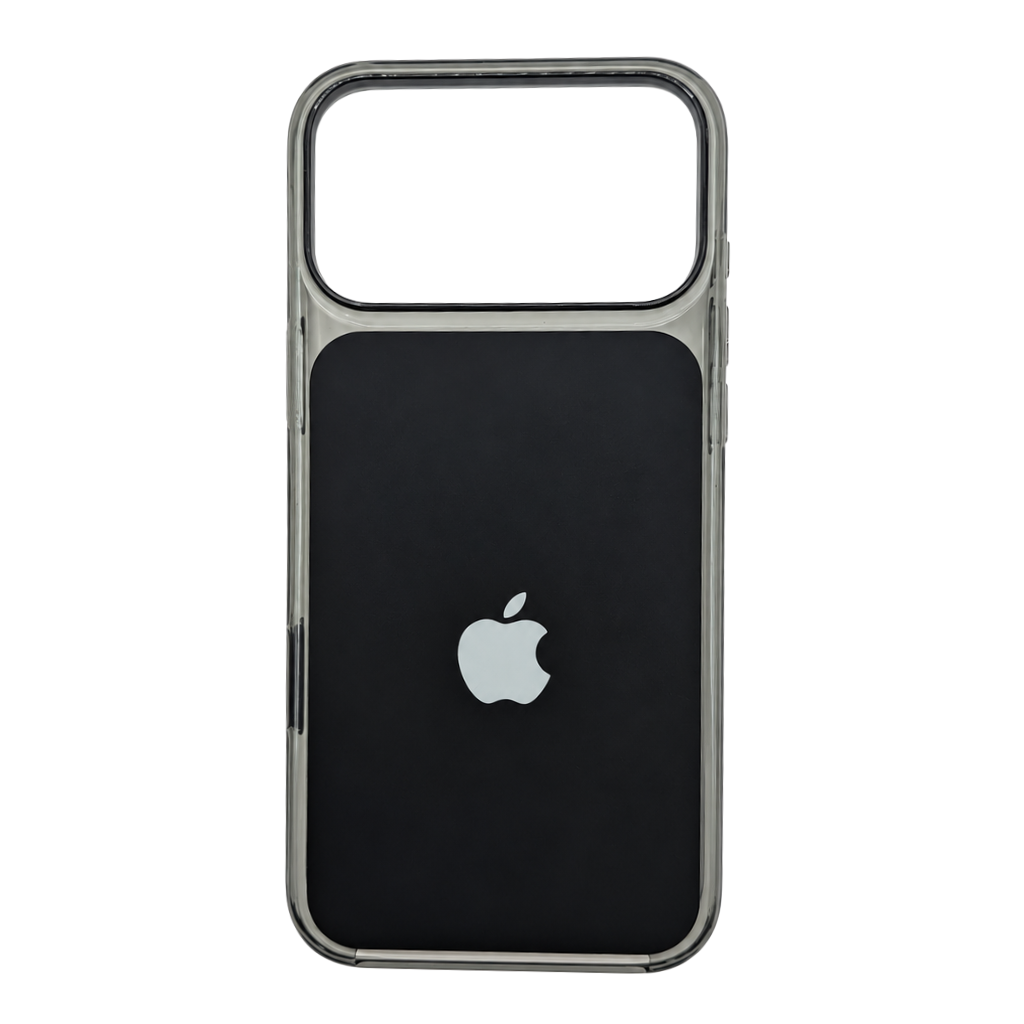 A black iphone 18 case with a silver metallic bumper frame and a silver Apple logo in the center, shown on a plain white background.
