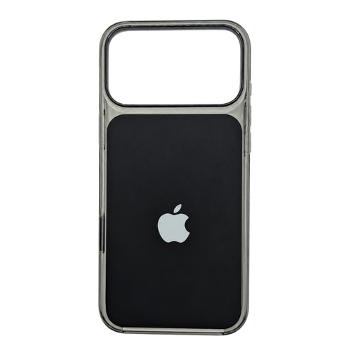 A black iphone 18 case with a silver metallic bumper frame and a silver Apple logo in the center, shown on a plain white background.