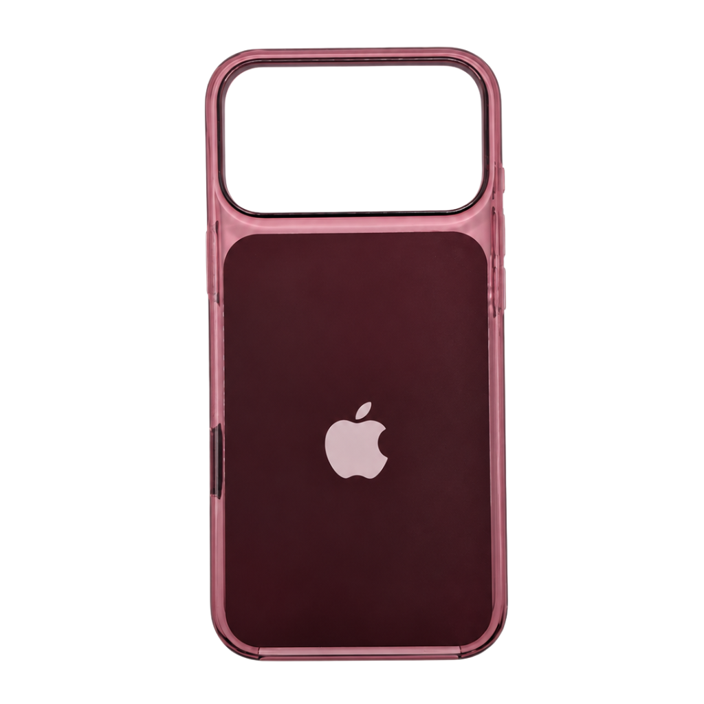 A translucent burgundy phone 18 case with a rose gold bumper frame, shown on an iPhone against a plain white background.