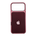 A translucent burgundy phone 18 case with a rose gold bumper frame, shown on an iPhone against a plain white background.