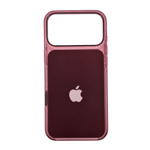 A translucent burgundy phone 18 case with a rose gold bumper frame, shown on an iPhone against a plain white background.