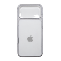 A clear protective iphone 18  case with a raised camera bar, shown on a white smartphone against a plain white background