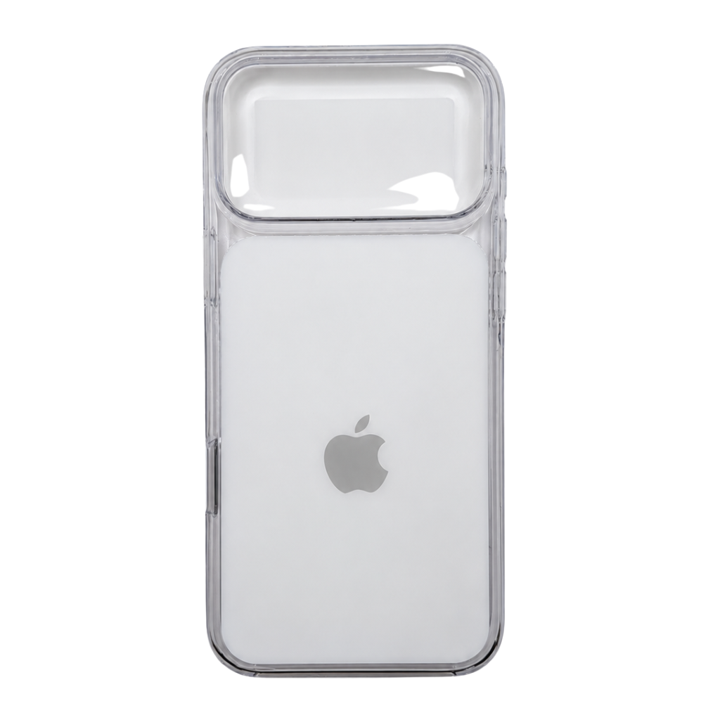 A clear protective iphone 18  case with a raised camera bar, shown on a white smartphone against a plain white background
