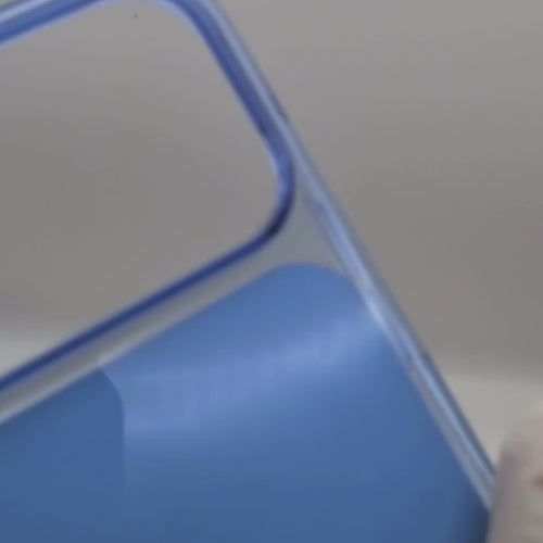 A crystal blue iphone 18 case with a silver metallic bumper frame and a silver Apple logo in the center, shown on a plain white background.